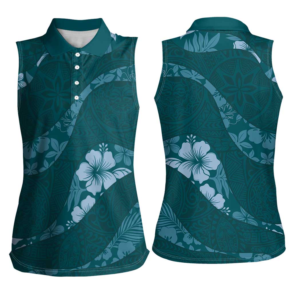 Aloha Hawaii Floral Tapa Women Sleeveless Polo Shirt Patchwork Teal LT7 - Polynesian Pride