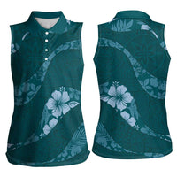 Aloha Hawaii Floral Tapa Women Sleeveless Polo Shirt Patchwork Teal LT7 - Polynesian Pride