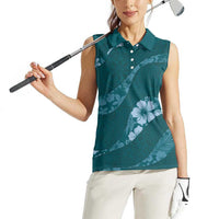 Aloha Hawaii Floral Tapa Women Sleeveless Polo Shirt Patchwork Teal LT7 - Polynesian Pride