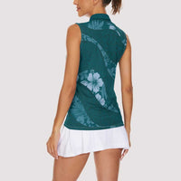 Aloha Hawaii Floral Tapa Women Sleeveless Polo Shirt Patchwork Teal LT7 - Polynesian Pride
