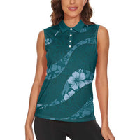 Aloha Hawaii Floral Tapa Women Sleeveless Polo Shirt Patchwork Teal LT7 - Polynesian Pride