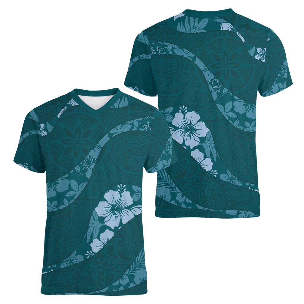 Aloha Hawaii Floral Tapa Women V-Neck T-Shirt Patchwork Teal - Polynesian Pride
