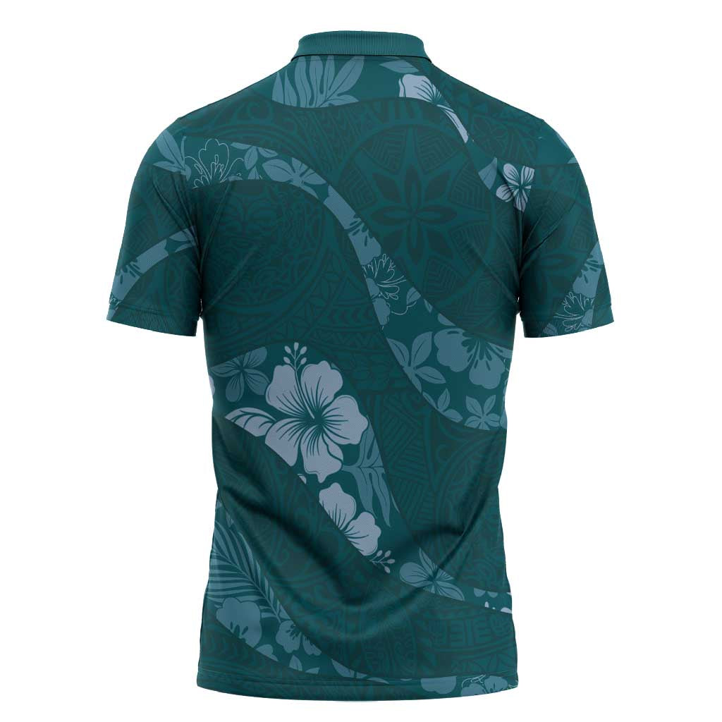 Aloha Hawaii Floral Tapa Zipper Polo Shirt Patchwork Teal LT7 - Polynesian Pride