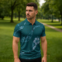 Aloha Hawaii Floral Tapa Zipper Polo Shirt Patchwork Teal LT7 - Polynesian Pride