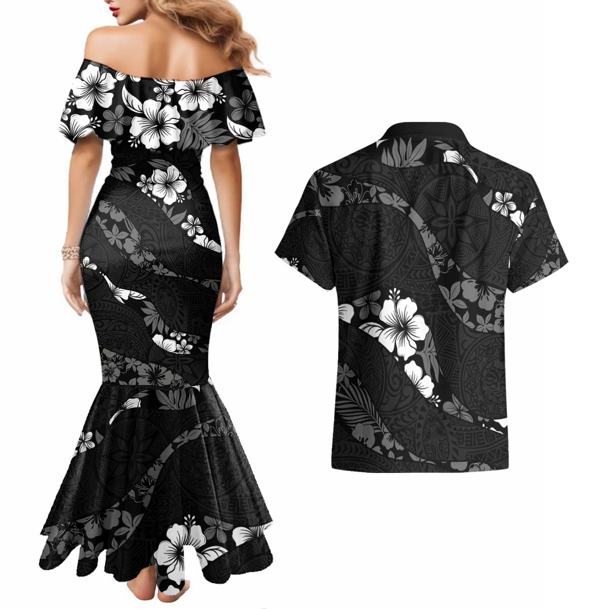 Aloha Hawaii Floral Tapa Couples Matching Mermaid Dress and Hawaiian Shirt Patchwork Charcoal - Polynesian Pride