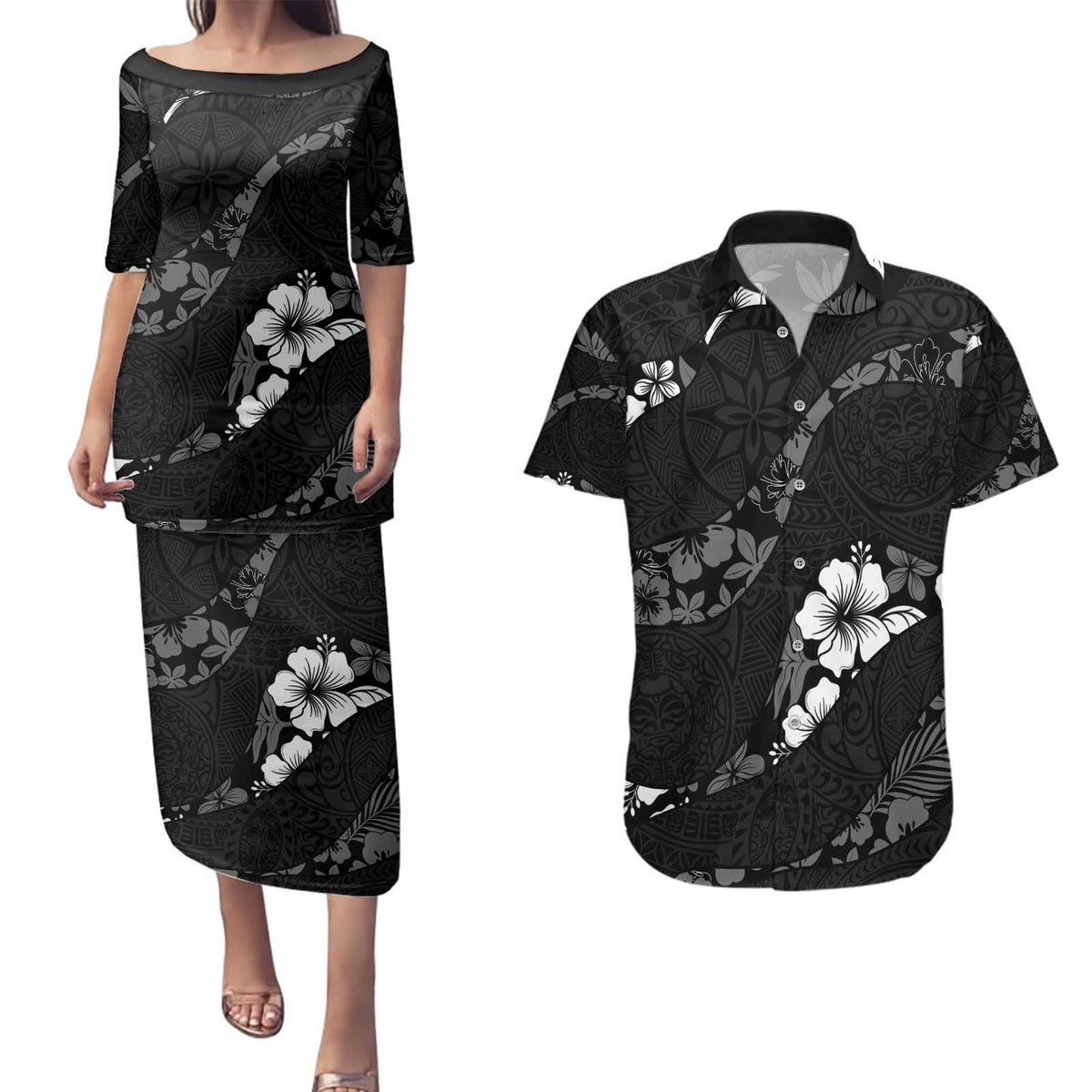 Aloha Hawaii Floral Tapa Couples Matching Puletasi and Hawaiian Shirt Patchwork Charcoal LT7 Charcoal - Polynesian Pride