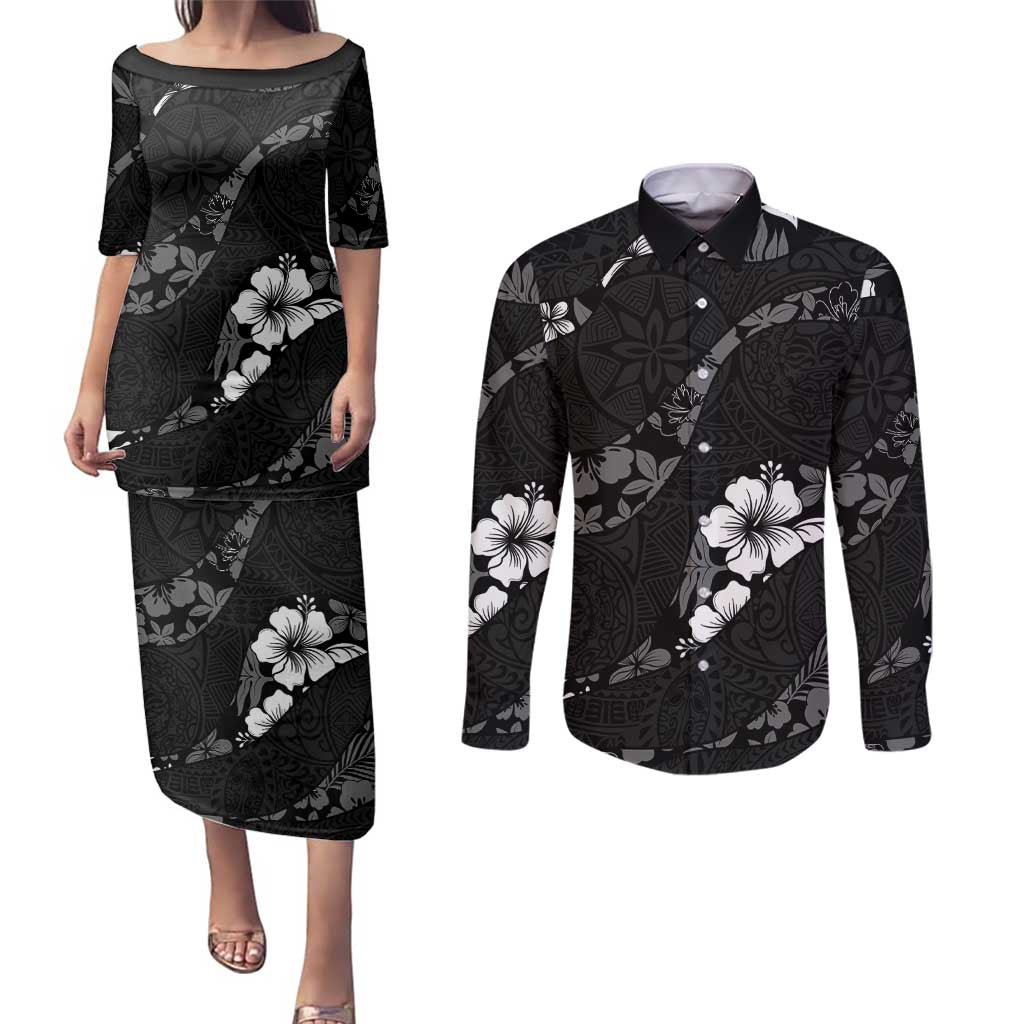 Aloha Hawaii Floral Tapa Couples Matching Puletasi and Long Sleeve Button Shirt Patchwork Charcoal LT7 Charcoal - Polynesian Pride