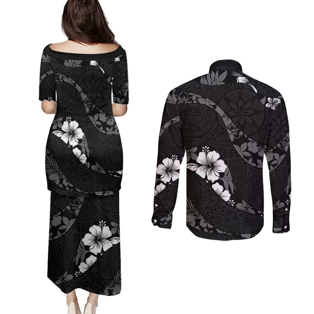 Aloha Hawaii Floral Tapa Couples Matching Puletasi and Long Sleeve Button Shirt Patchwork Charcoal LT7 - Polynesian Pride