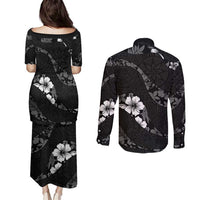 Aloha Hawaii Floral Tapa Couples Matching Puletasi and Long Sleeve Button Shirt Patchwork Charcoal LT7 - Polynesian Pride