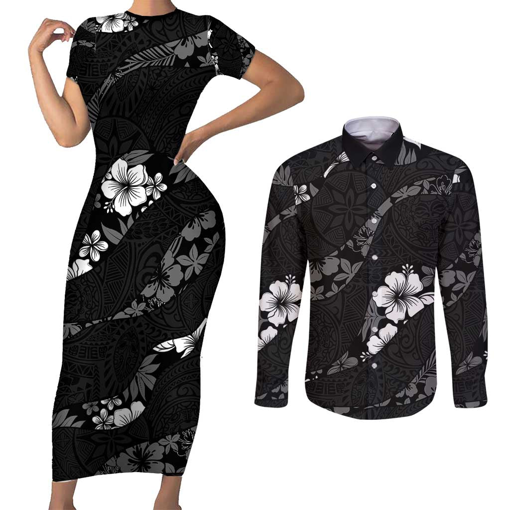 Aloha Hawaii Floral Tapa Couples Matching Short Sleeve Bodycon Dress and Long Sleeve Button Shirt Patchwork Charcoal - Polynesian Pride