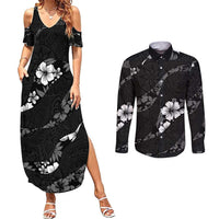 Aloha Hawaii Floral Tapa Couples Matching Summer Maxi Dress and Long Sleeve Button Shirt Patchwork Charcoal - Polynesian Pride