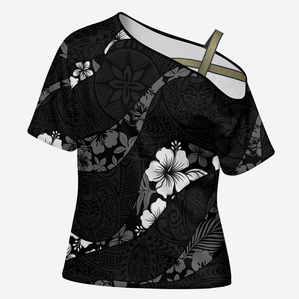 Aloha Hawaii Floral Tapa Cross Shoulder Shirt Patchwork Charcoal LT7 Female Charcoal - Polynesian Pride