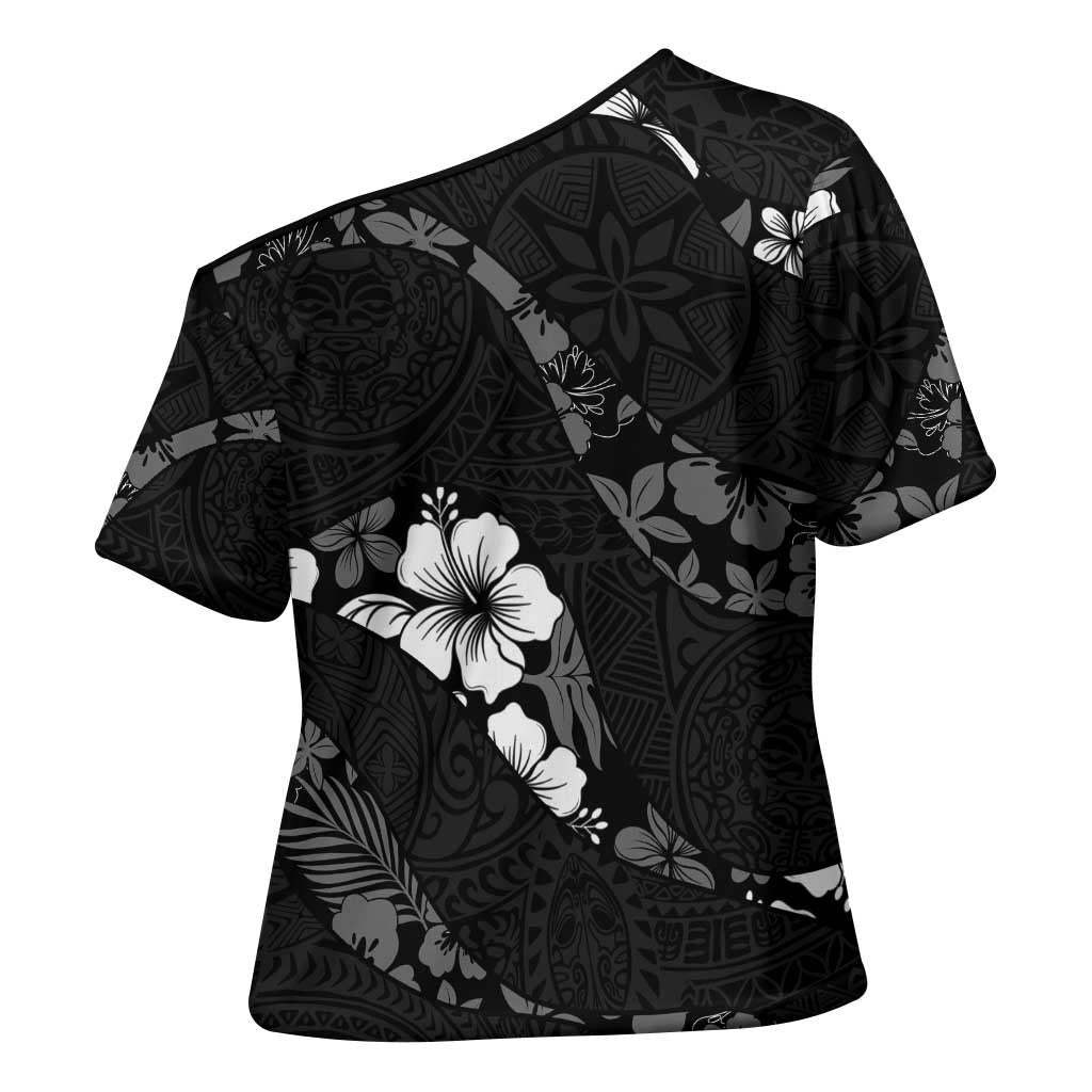 Aloha Hawaii Floral Tapa Cross Shoulder Shirt Patchwork Charcoal LT7 - Polynesian Pride