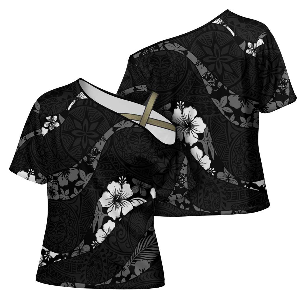 Aloha Hawaii Floral Tapa Cross Shoulder Shirt Patchwork Charcoal LT7 - Polynesian Pride