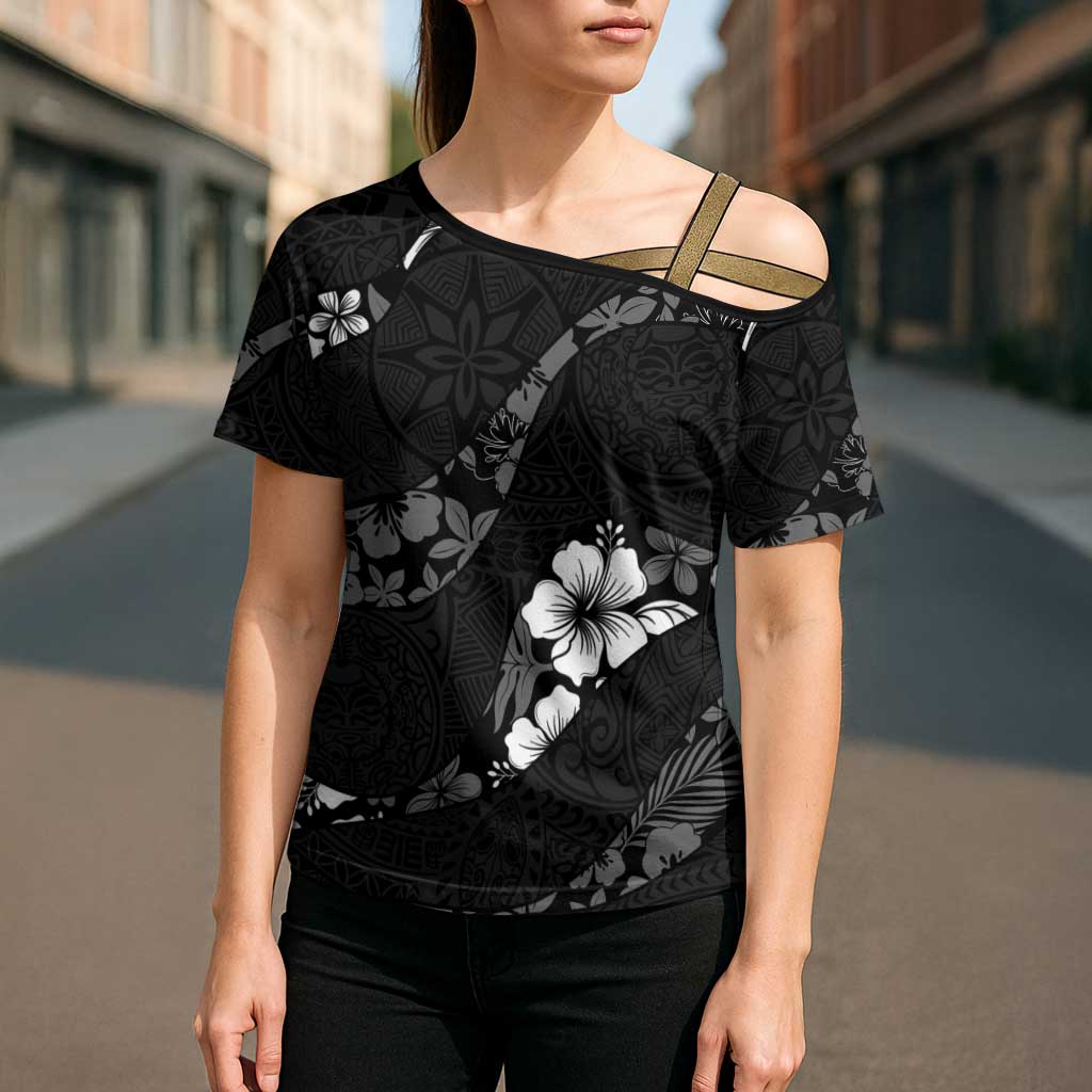 Aloha Hawaii Floral Tapa Cross Shoulder Shirt Patchwork Charcoal LT7 - Polynesian Pride