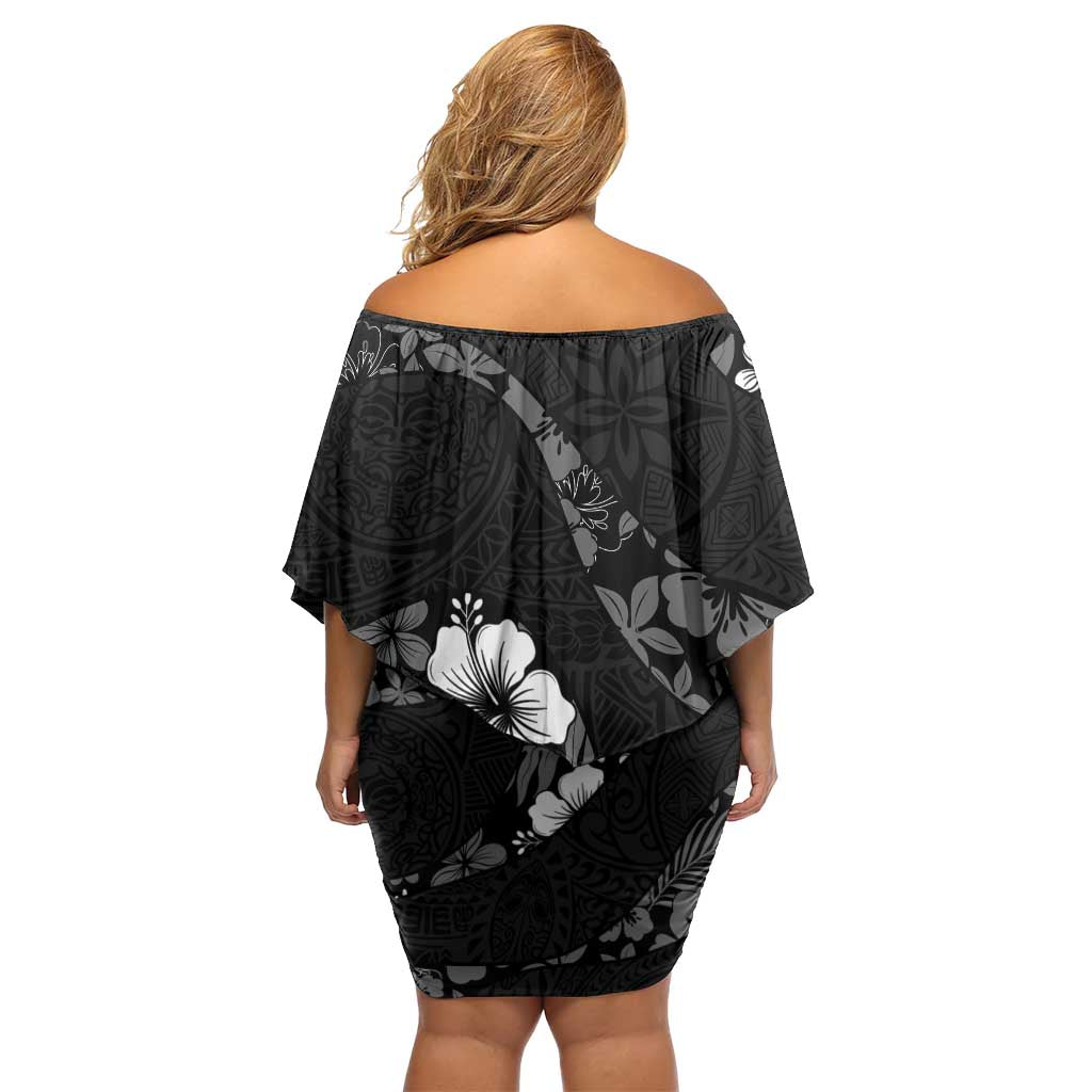 Aloha Hawaii Floral Tapa Family Matching Off Shoulder Short Dress and Hawaiian Shirt Patchwork Charcoal - Polynesian Pride