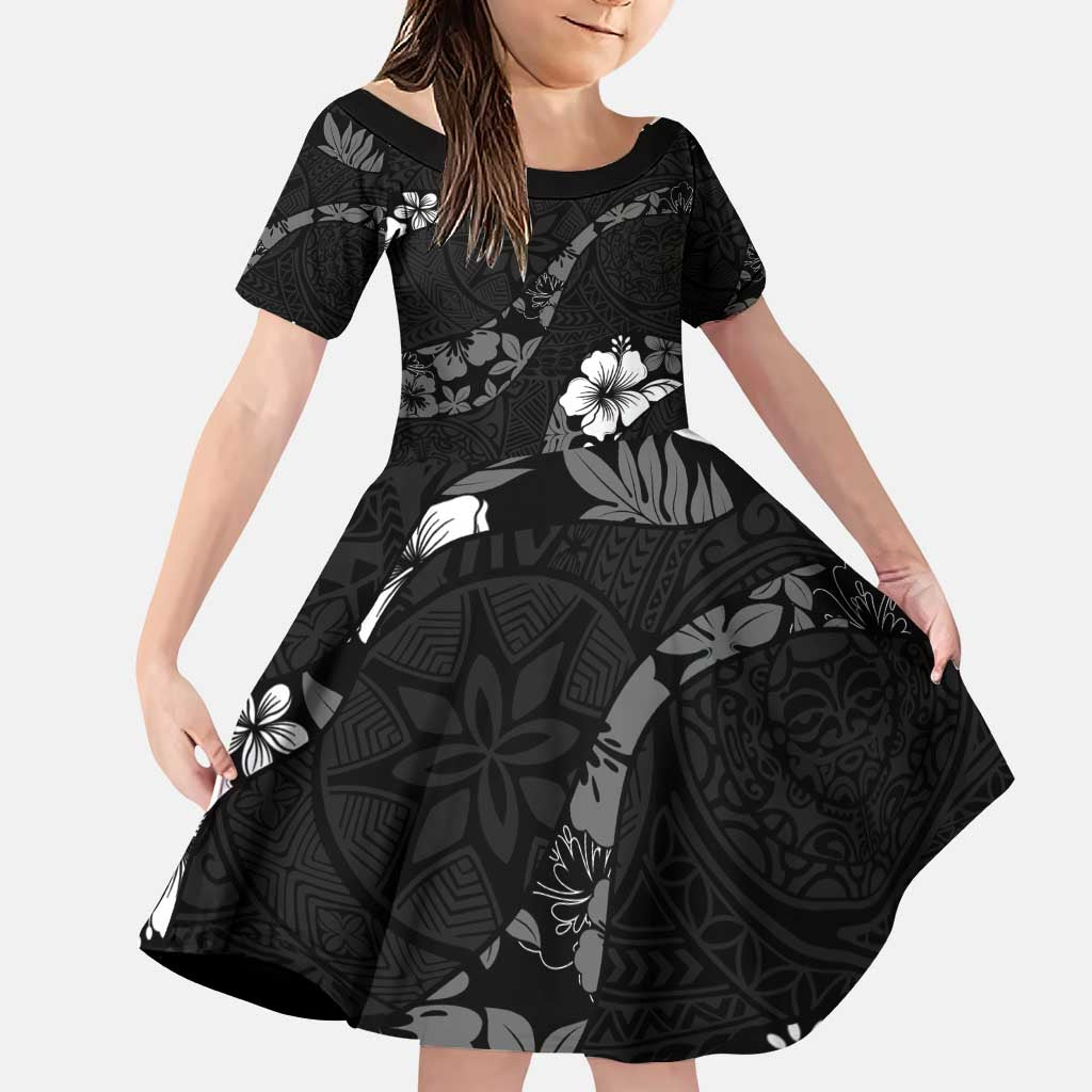 Aloha Hawaii Floral Tapa Family Matching Puletasi and Hawaiian Shirt Patchwork Charcoal LT7 Daughter's Dress Charcoal - Polynesian Pride