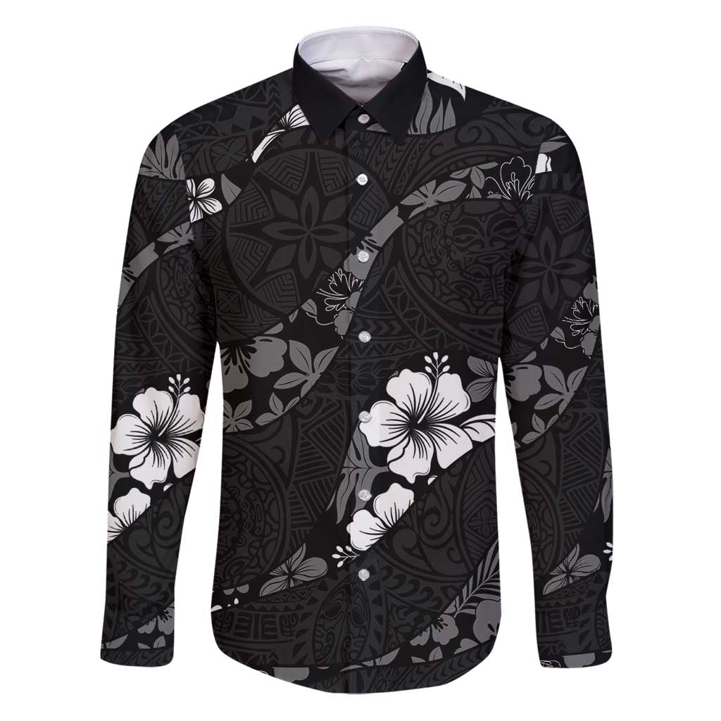 Aloha Hawaii Floral Tapa Family Matching Puletasi and Hawaiian Shirt Patchwork Charcoal LT7 Dad's Shirt - Long Sleeve Charcoal - Polynesian Pride