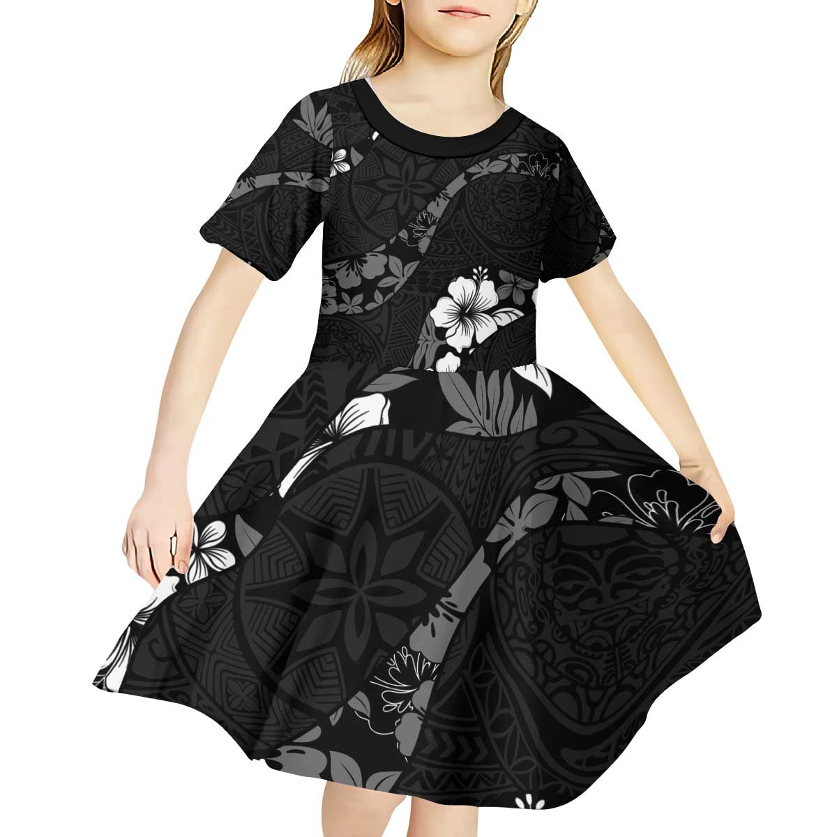 Aloha Hawaii Floral Tapa Kid Short Sleeve Dress Patchwork Charcoal - Polynesian Pride