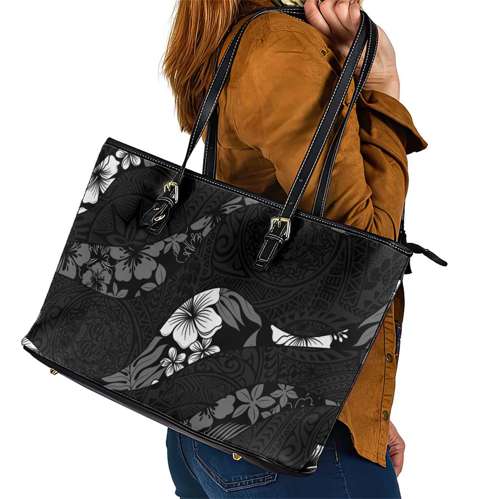 Aloha Hawaii Floral Tapa Leather Tote Bag Patchwork Charcoal - Polynesian Pride