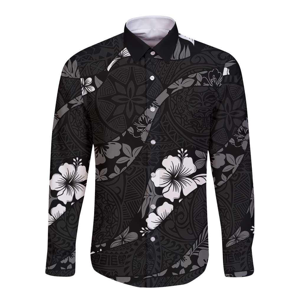 Aloha Hawaii Floral Tapa Long Sleeve Button Shirt Patchwork Charcoal LT7 Unisex Charcoal - Polynesian Pride