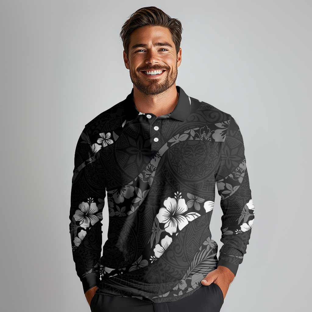 Aloha Hawaii Floral Tapa Long Sleeve Polo Shirt Patchwork Charcoal - Polynesian Pride