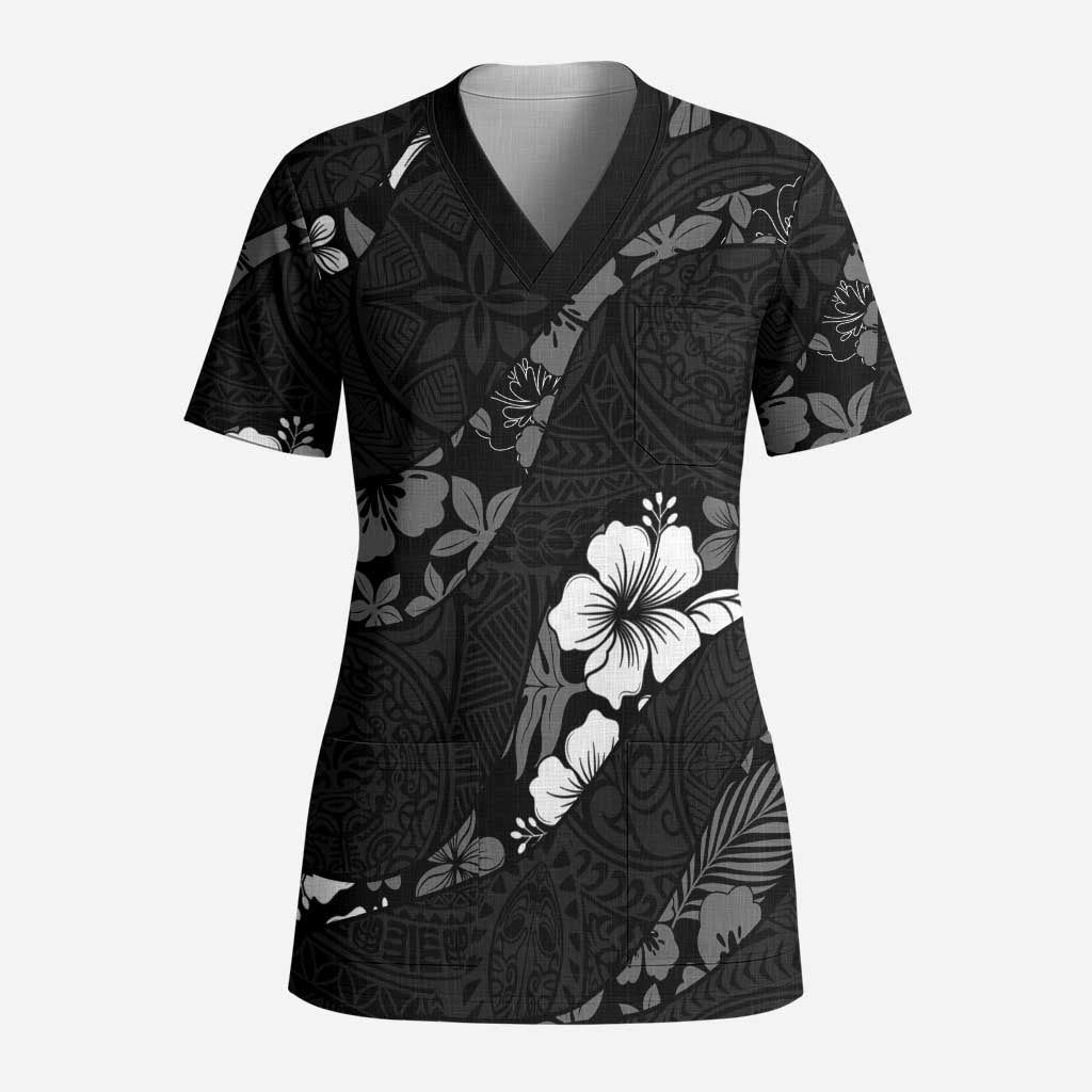 Aloha Hawaii Floral Tapa Scrub Top Patchwork Charcoal - Polynesian Pride