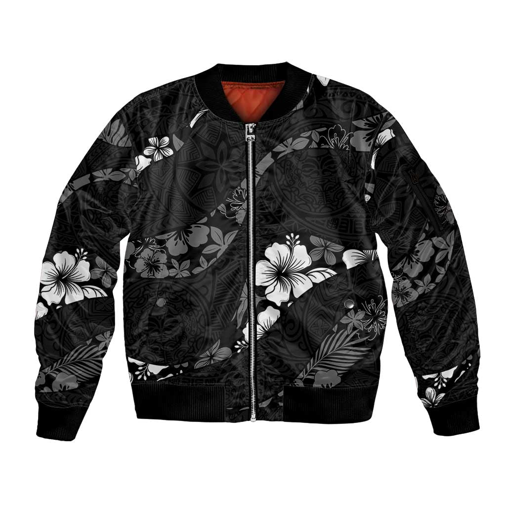 Aloha Hawaii Floral Tapa Sleeve Zip Bomber Jacket Patchwork Charcoal - Polynesian Pride