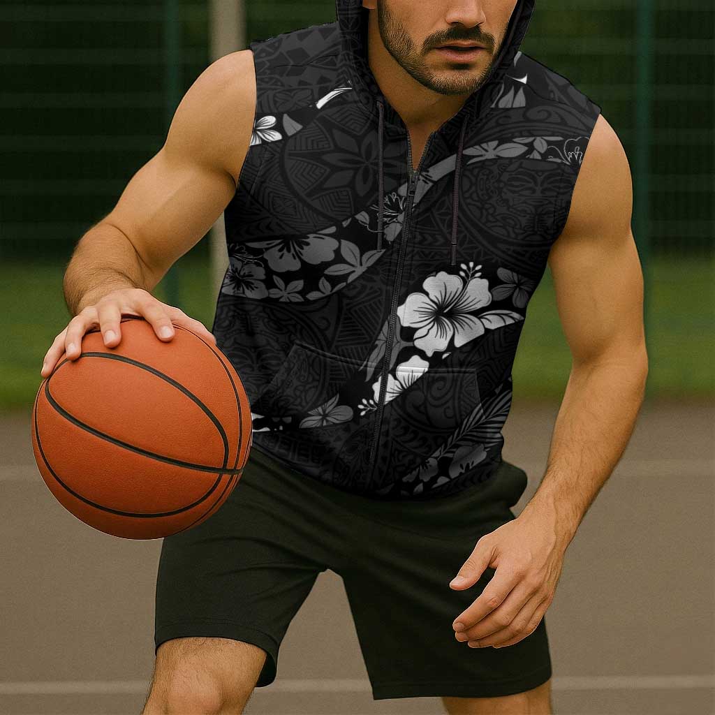 Aloha Hawaii Floral Tapa Sleeveless Zip Hoodie Patchwork Charcoal LT7 - Polynesian Pride