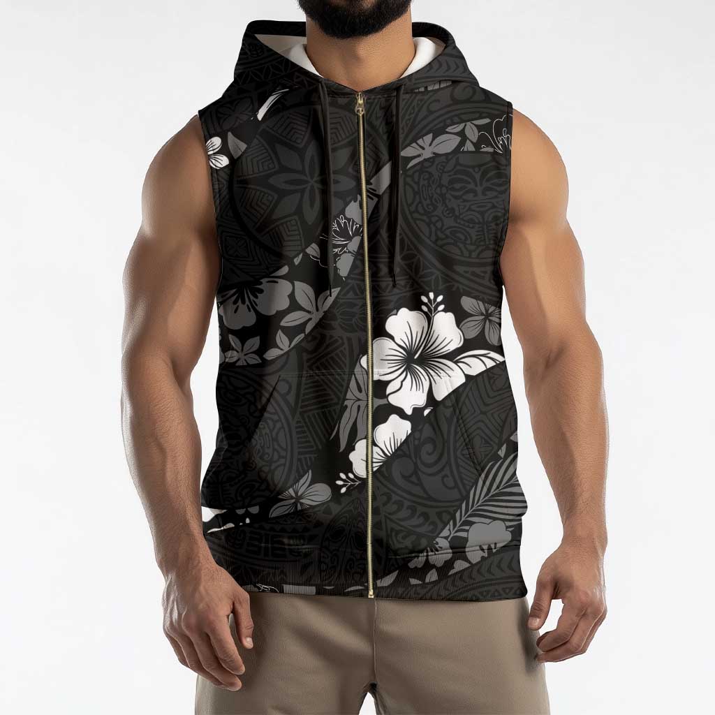 Aloha Hawaii Floral Tapa Sleeveless Zip Hoodie Patchwork Charcoal - Polynesian Pride