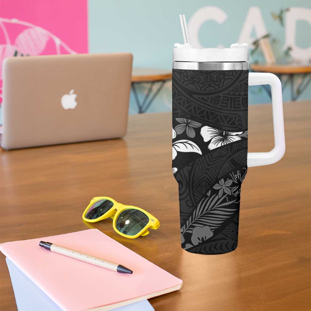 Aloha Hawaii Floral Tapa Tumbler With Handle Patchwork Charcoal - Polynesian Pride