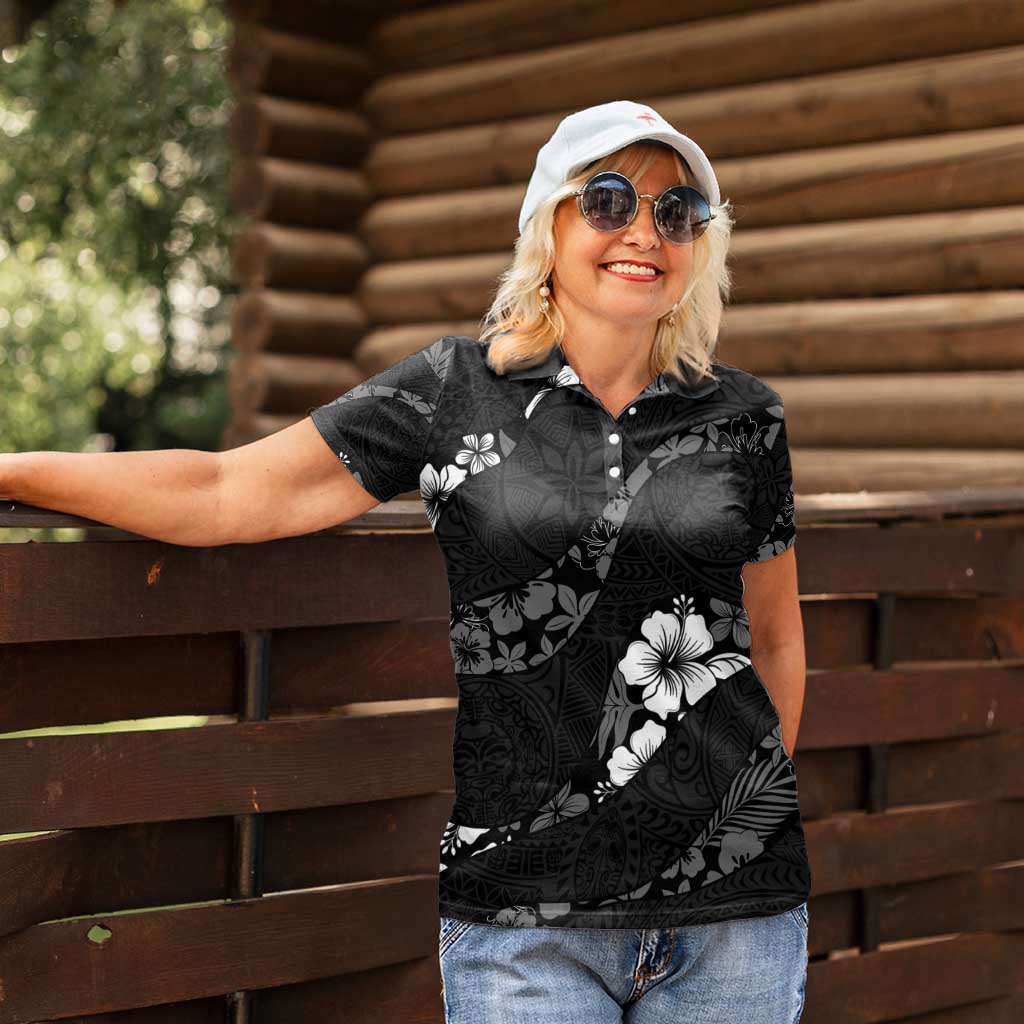 Aloha Hawaii Floral Tapa Women Polo Shirt Patchwork Charcoal - Polynesian Pride