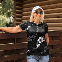 Aloha Hawaii Floral Tapa Women Polo Shirt Patchwork Charcoal - Polynesian Pride