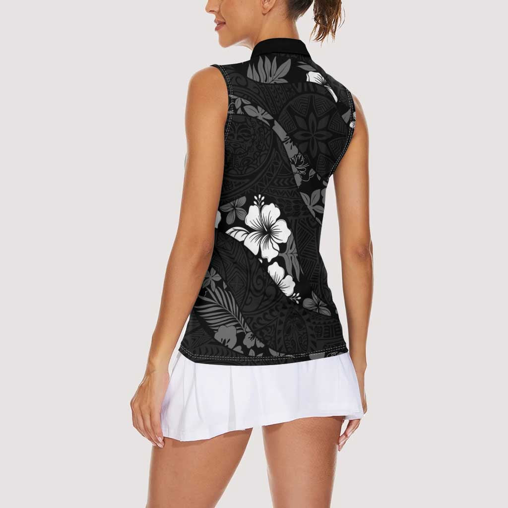 Aloha Hawaii Floral Tapa Women Sleeveless Polo Shirt Patchwork Charcoal LT7 - Polynesian Pride