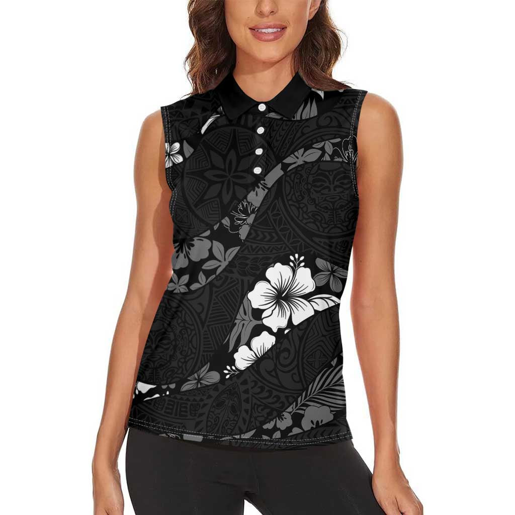 Aloha Hawaii Floral Tapa Women Sleeveless Polo Shirt Patchwork Charcoal LT7 - Polynesian Pride