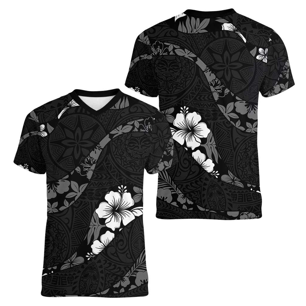Aloha Hawaii Floral Tapa Women V-Neck T-Shirt Patchwork Charcoal - Polynesian Pride