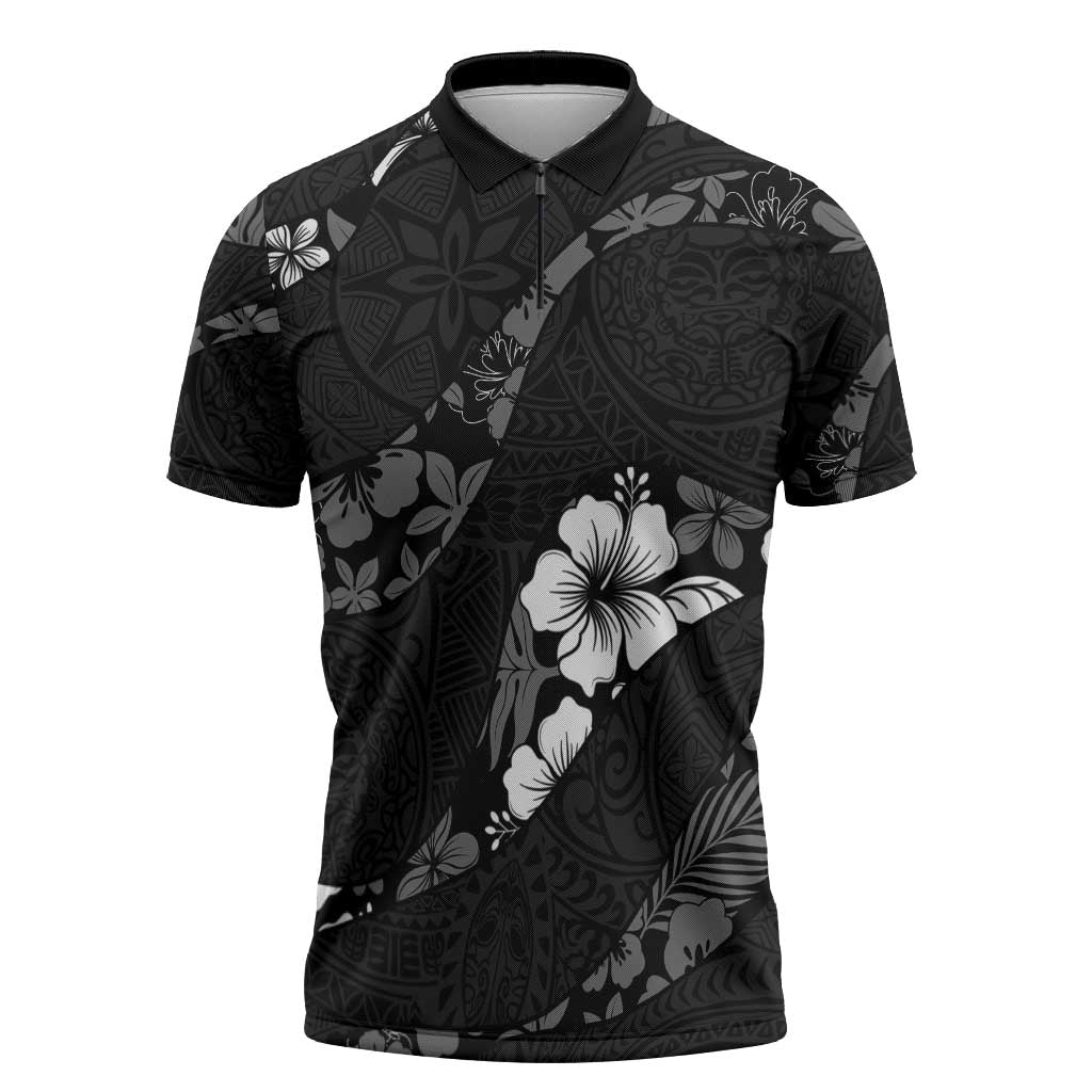 Aloha Hawaii Floral Tapa Zipper Polo Shirt Patchwork Charcoal LT7 Charcoal - Polynesian Pride