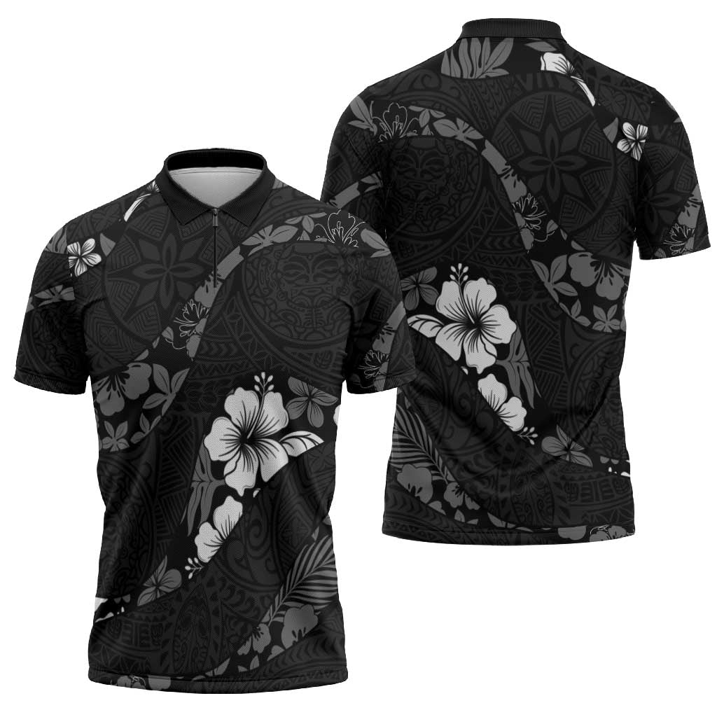 Aloha Hawaii Floral Tapa Zipper Polo Shirt Patchwork Charcoal LT7 - Polynesian Pride