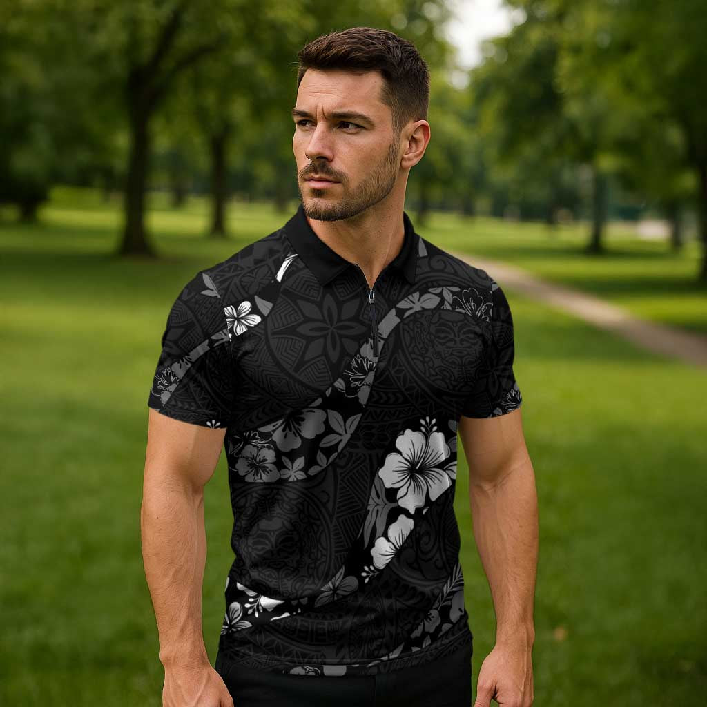 Aloha Hawaii Floral Tapa Zipper Polo Shirt Patchwork Charcoal LT7 - Polynesian Pride