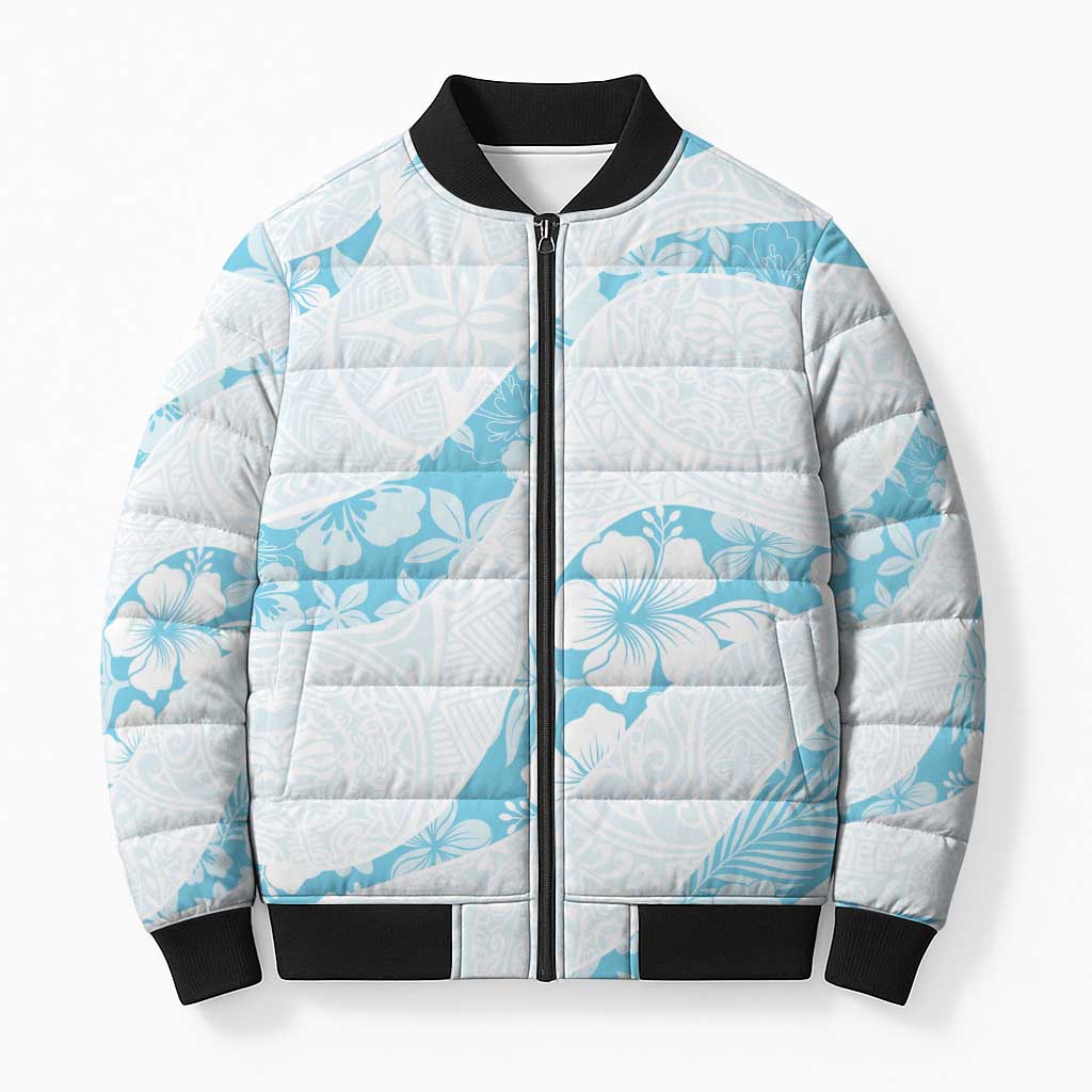 Aloha Hawaii Floral Tapa Bomber Puffer Jacket Patchwork Turquoise LT7 Unisex Turquoise - Polynesian Pride