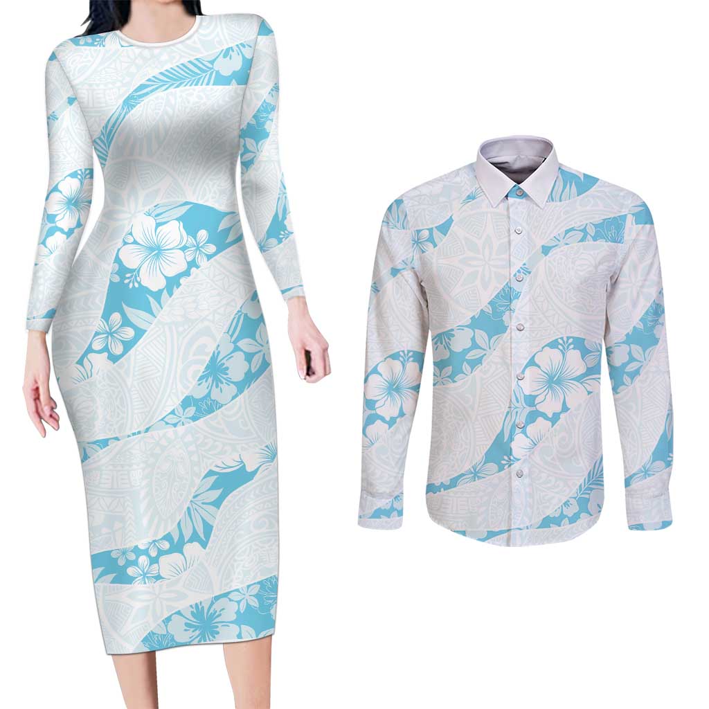 Aloha Hawaii Floral Tapa Couples Matching Long Sleeve Bodycon Dress and Long Sleeve Button Shirt Patchwork Turquoise - Polynesian Pride