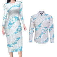 Aloha Hawaii Floral Tapa Couples Matching Long Sleeve Bodycon Dress and Long Sleeve Button Shirt Patchwork Turquoise - Polynesian Pride