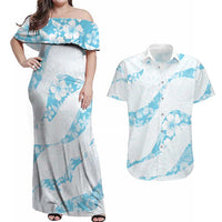 Aloha Hawaii Floral Tapa Couples Matching Off Shoulder Maxi Dress and Hawaiian Shirt Patchwork Turquoise - Polynesian Pride
