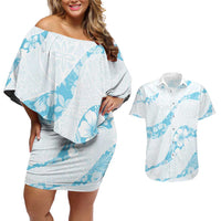 Aloha Hawaii Floral Tapa Couples Matching Off Shoulder Short Dress and Hawaiian Shirt Patchwork Turquoise - Polynesian Pride