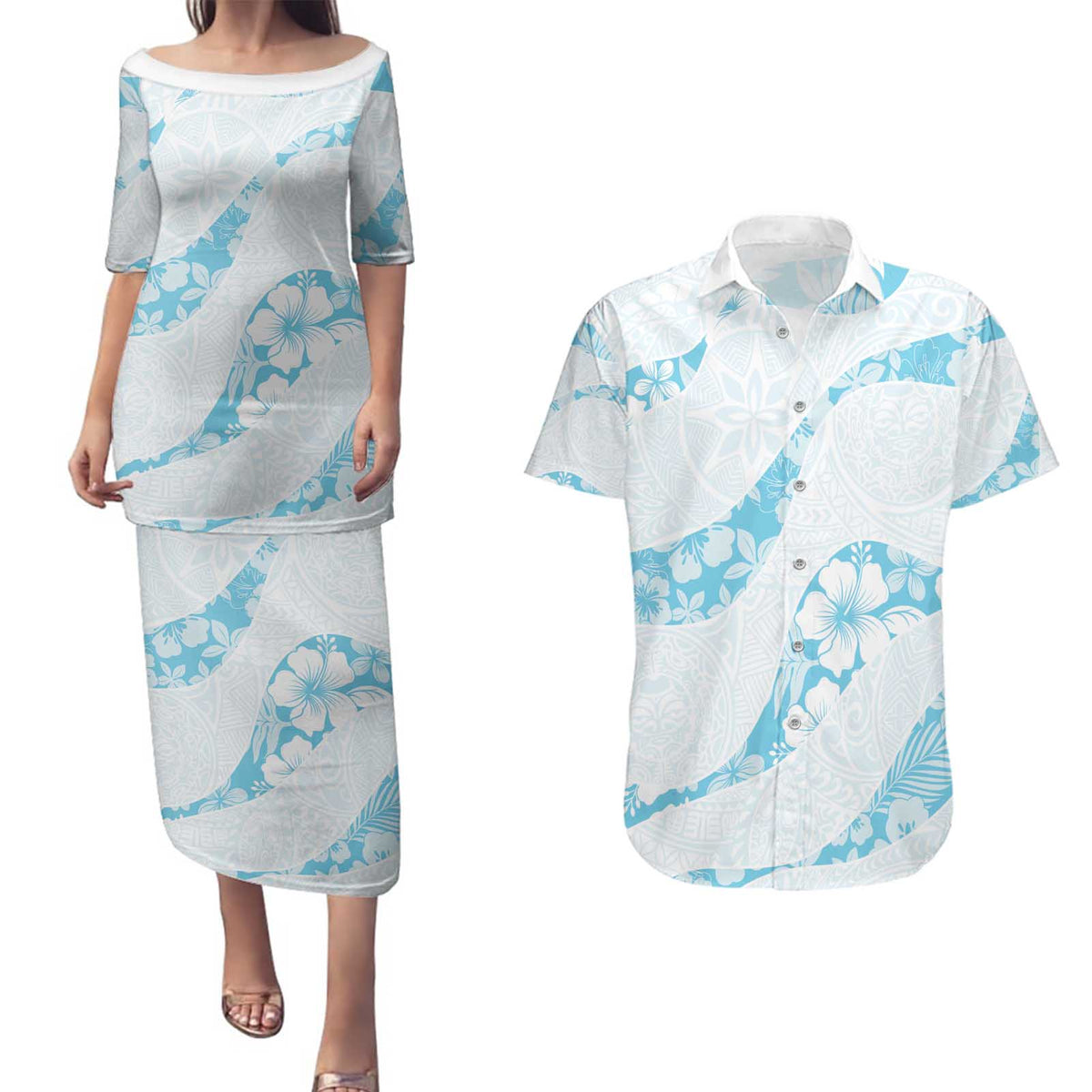 Aloha Hawaii Floral Tapa Couples Matching Puletasi and Hawaiian Shirt Patchwork Turquoise LT7 Turquoise - Polynesian Pride