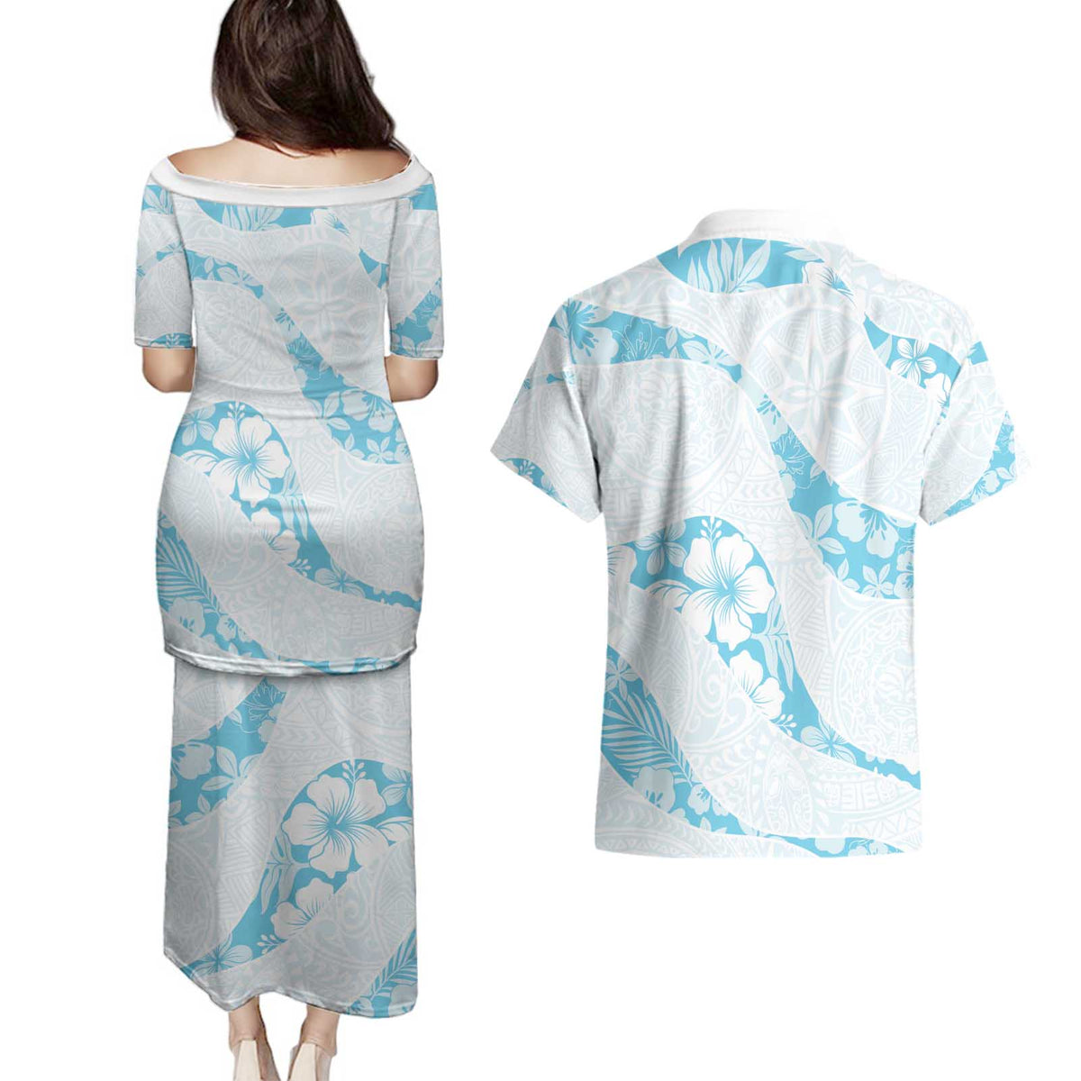 Aloha Hawaii Floral Tapa Couples Matching Puletasi and Hawaiian Shirt Patchwork Turquoise LT7 - Polynesian Pride