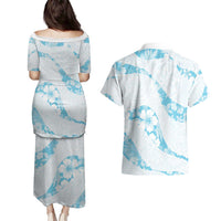 Aloha Hawaii Floral Tapa Couples Matching Puletasi and Hawaiian Shirt Patchwork Turquoise LT7 - Polynesian Pride