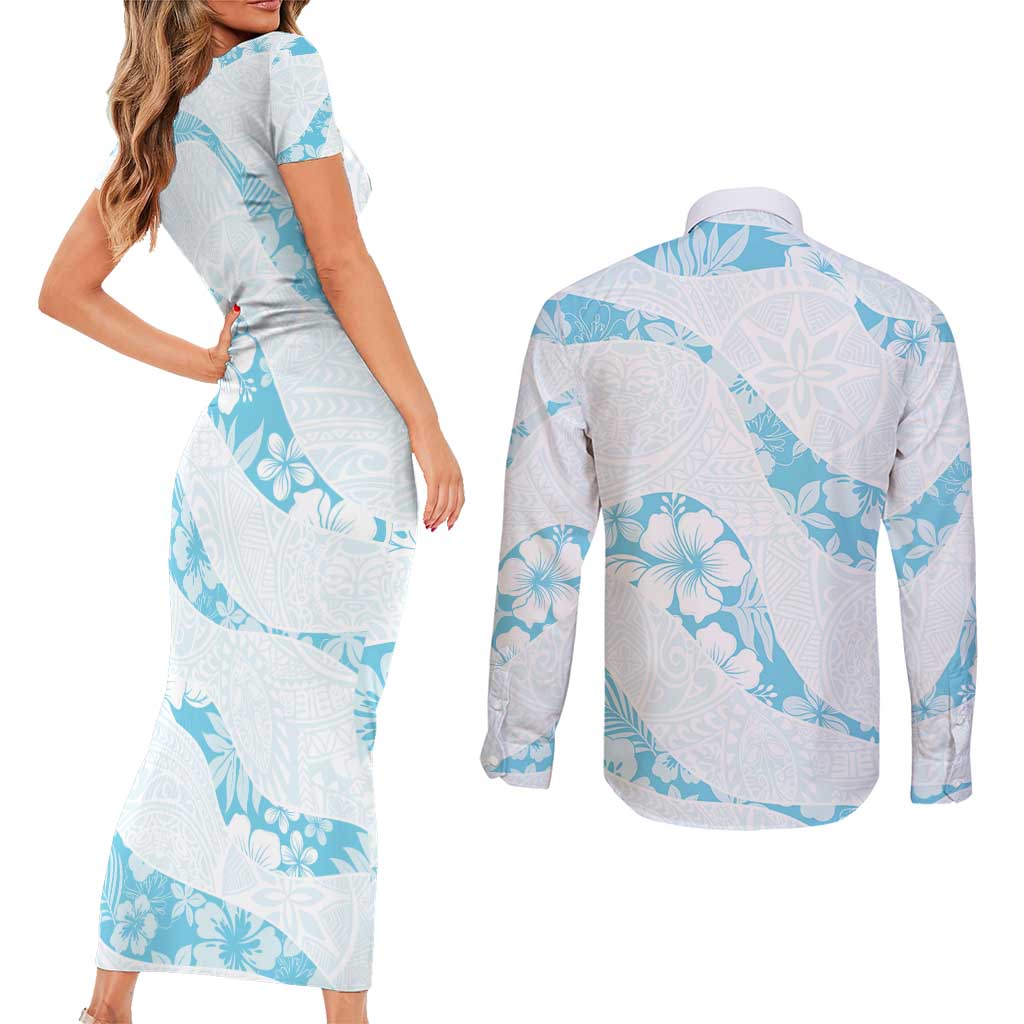 Aloha Hawaii Floral Tapa Couples Matching Short Sleeve Bodycon Dress and Long Sleeve Button Shirt Patchwork Turquoise - Polynesian Pride