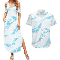 Aloha Hawaii Floral Tapa Couples Matching Summer Maxi Dress and Hawaiian Shirt Patchwork Turquoise - Polynesian Pride