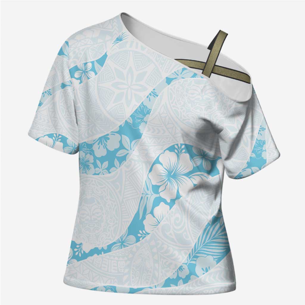 Aloha Hawaii Floral Tapa Cross Shoulder Shirt Patchwork Turquoise LT7 Female Turquoise - Polynesian Pride